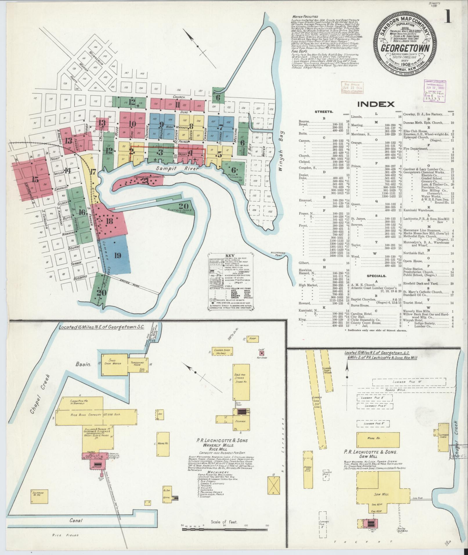 Sanborn Fire Insurance Map from Georgetown, Georgetown County, South Carolina (1908), Sheet #0001 - Historic Sanborn Fire Insurance Map Print, vintage old map wall art, antique decor, genealogy gift, South Carolina South Carolina map