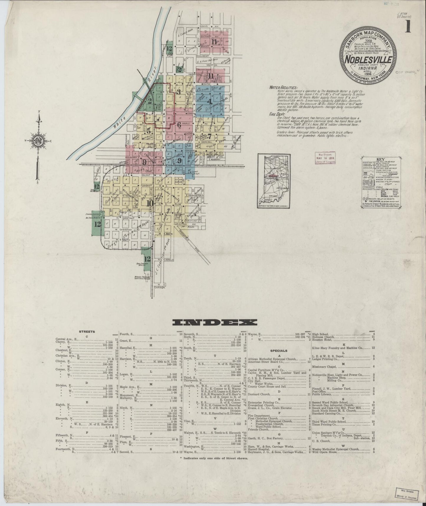 Sanborn Fire Insurance Map from Noblesville, Hamilton County, Indiana (1914), Sheet #0001 - Complete Map Set gallery image, historic Sanborn map, vintage wall art, Indiana Indiana