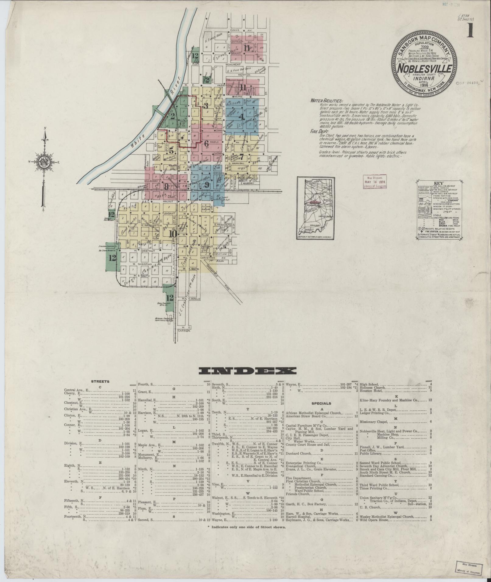 Sanborn Fire Insurance Map from Noblesville, Hamilton County, Indiana (1914), Sheet #0001 - Complete Map Set gallery image, historic Sanborn map, vintage wall art, Indiana Indiana
