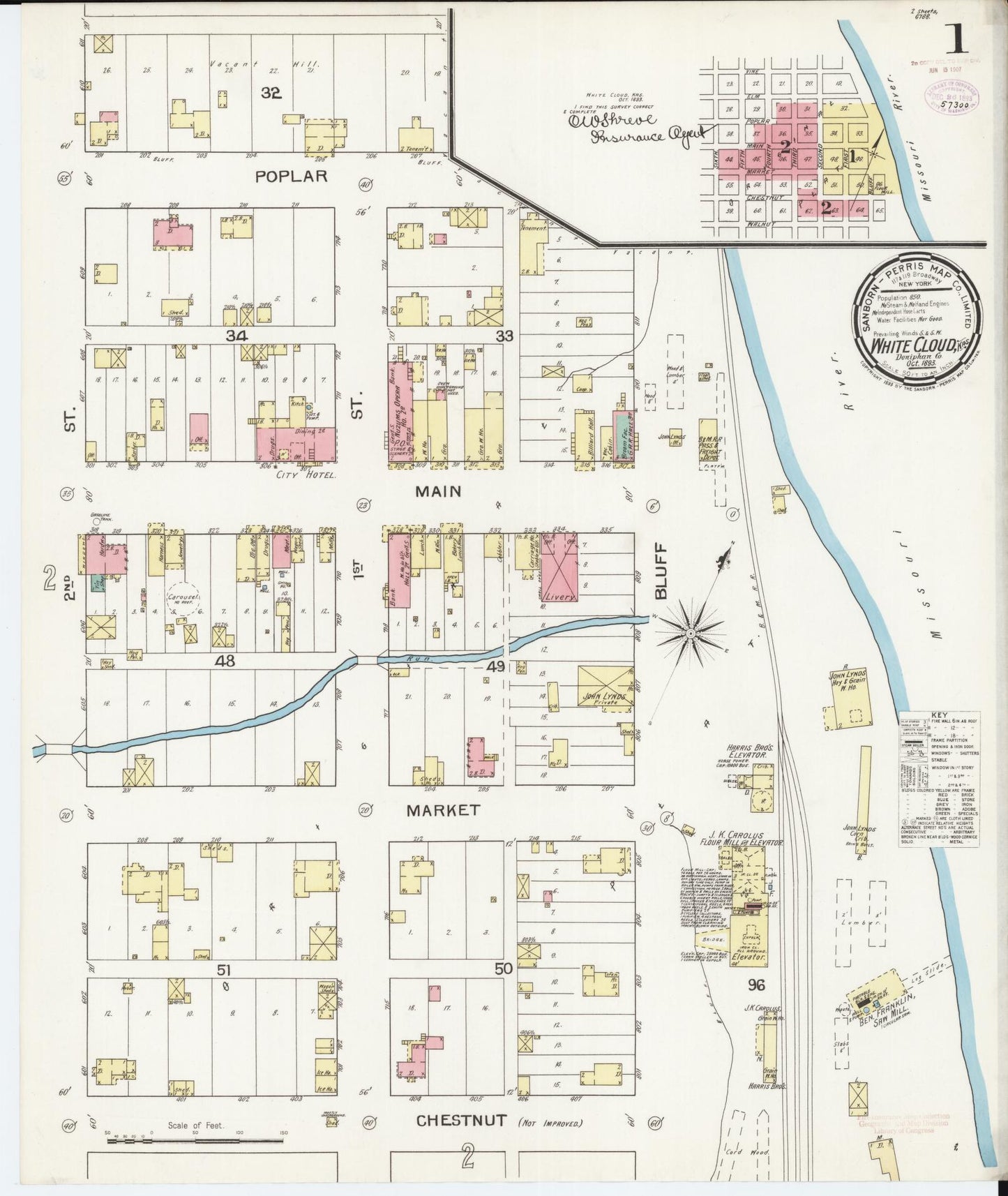 Sanborn Fire Insurance Map from White Cloud, Doniphan County, Kansas (1893), Sheet #0001 - Complete Map Set gallery image, historic Sanborn map, vintage wall art, Kansas Kansas