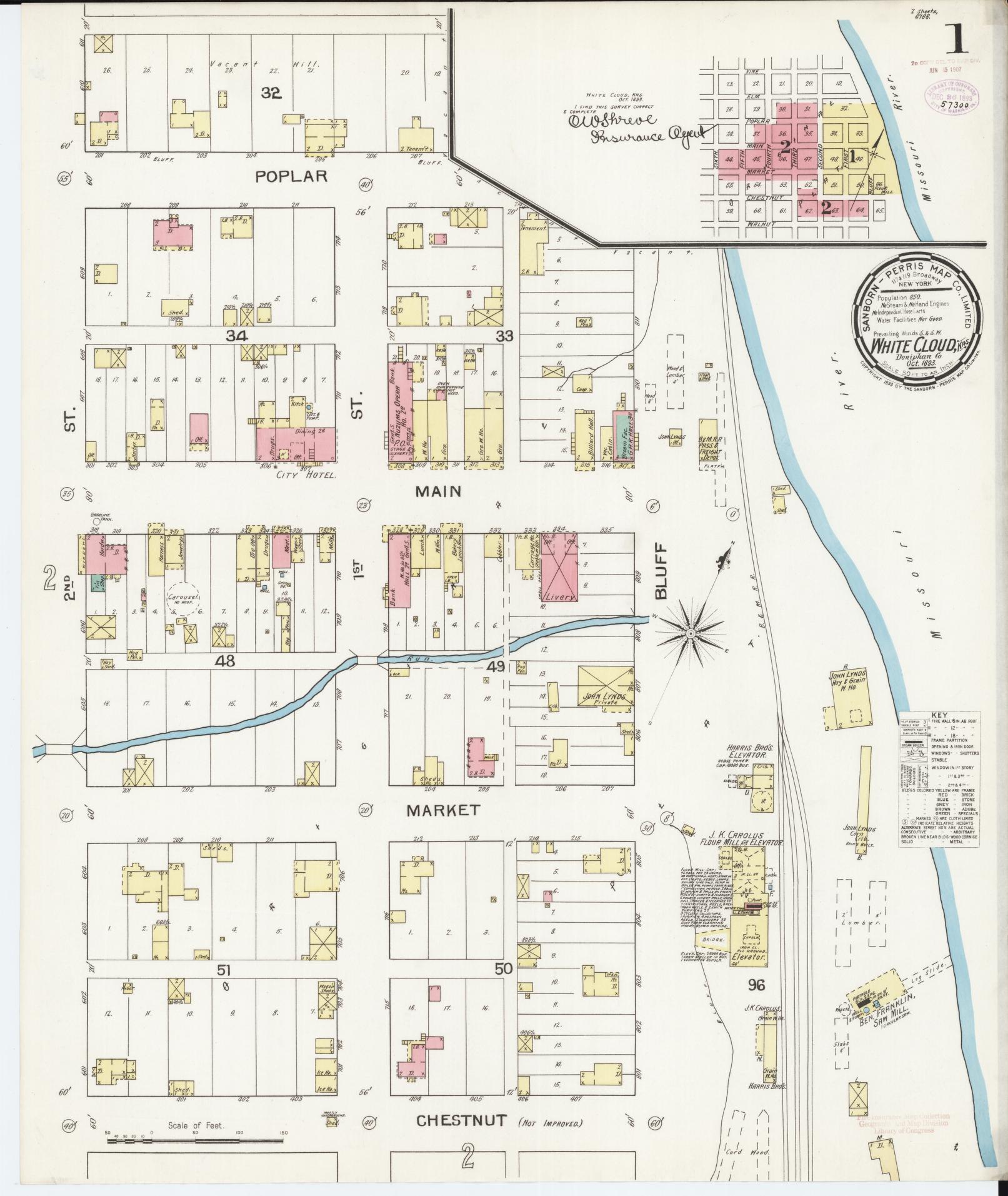 Sanborn Fire Insurance Map from White Cloud, Doniphan County, Kansas (1893), Sheet #0001 - Complete Map Set gallery image, historic Sanborn map, vintage wall art, Kansas Kansas