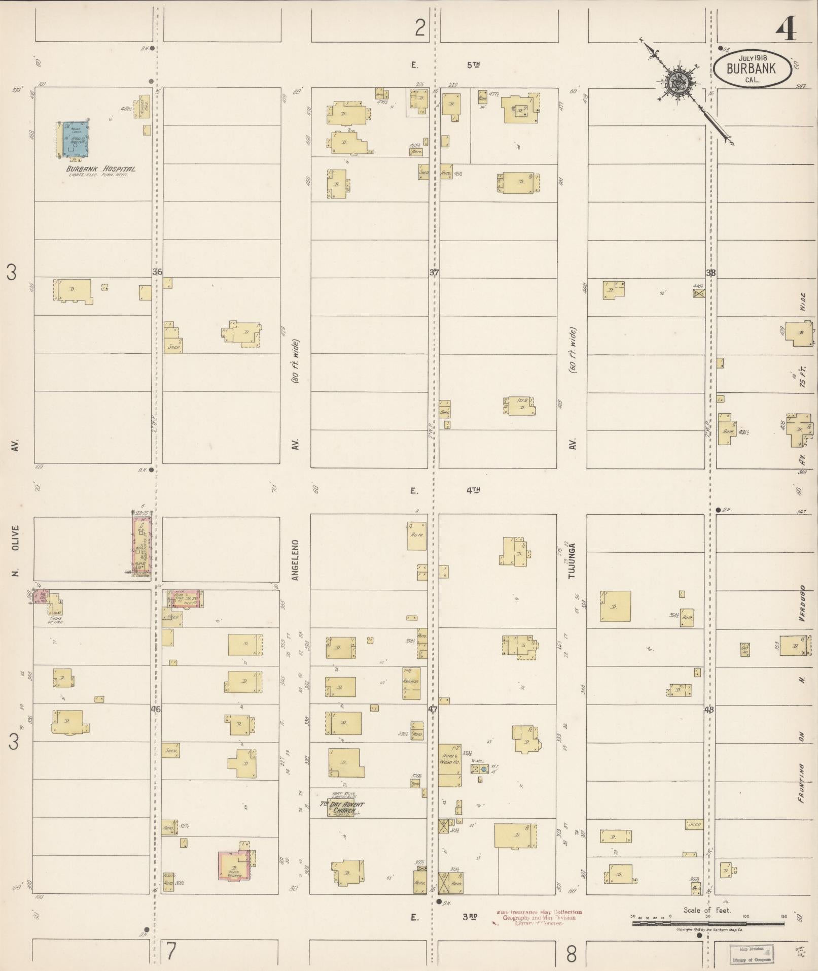 Sanborn Fire Insurance Map from Burbank, Los Angeles County, California (1918), Sheet #0004 - Complete Map Set gallery image, historic Sanborn map, vintage wall art, California California