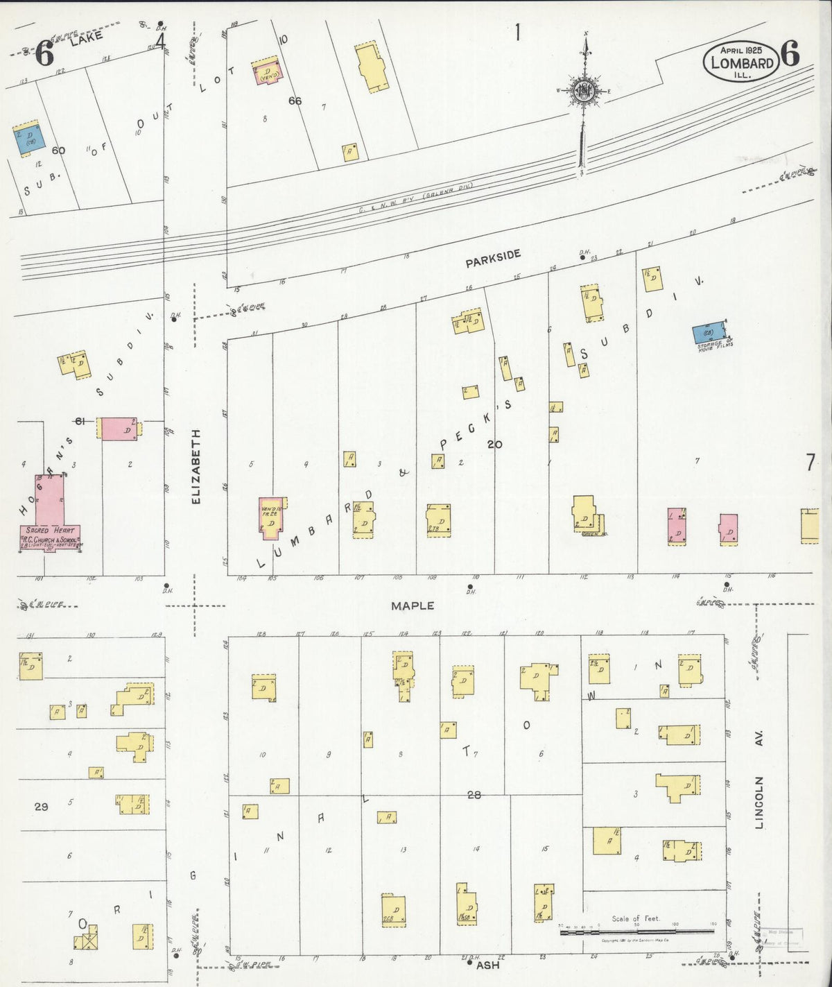 Sanborn Fire Insurance Map from Lombard, Du Page County, Illinois (1925), Sheet #0006 - Historic Sanborn Fire Insurance Map Print, vintage old map wall art, antique decor, genealogy gift, Illinois Illinois map