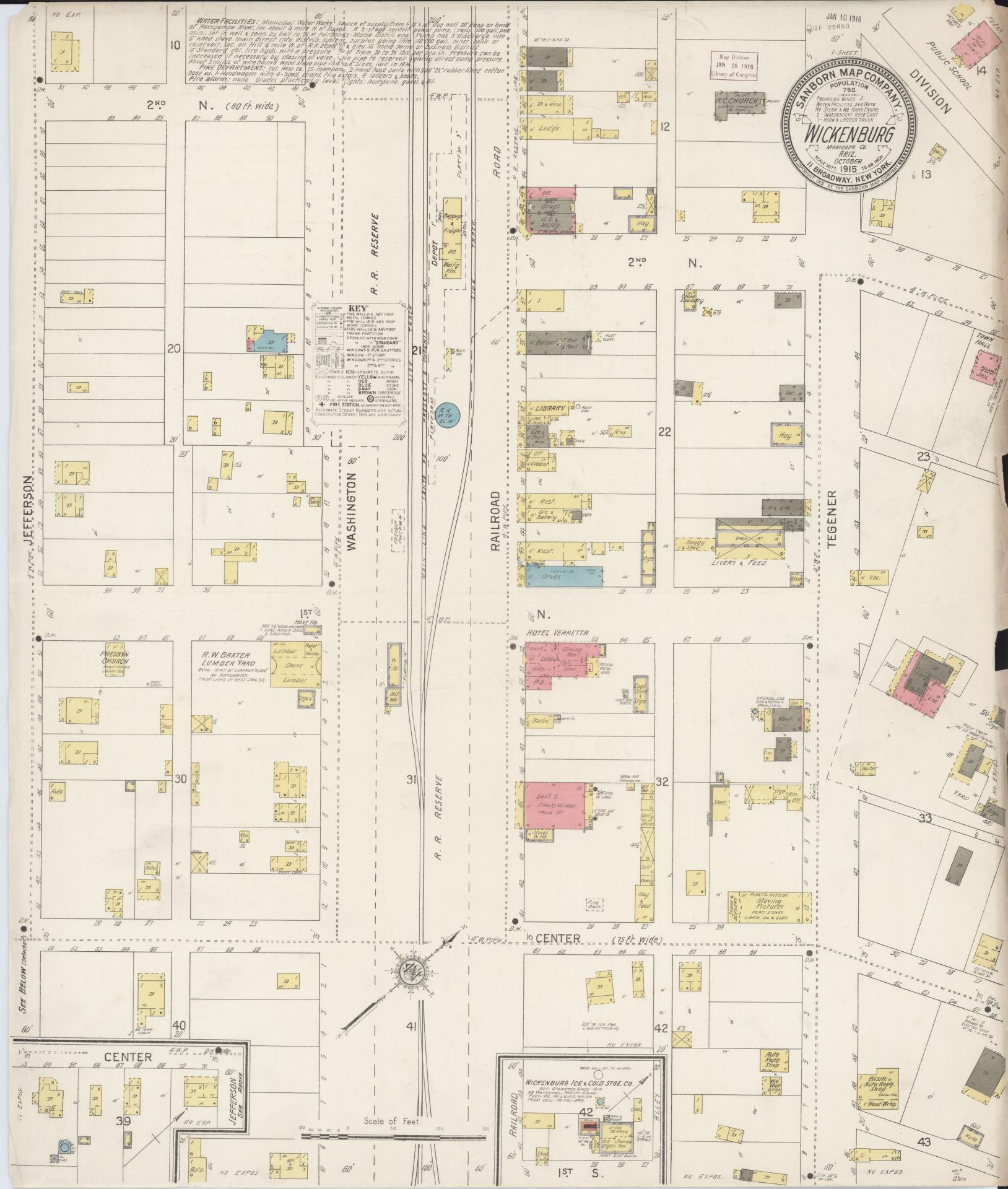 Sanborn Fire Insurance Map from Wickenburg, Maricopa County, Arizona (1915), Sheet #0001 - Historic Sanborn Fire Insurance Map Print, vintage old map wall art, antique decor, genealogy gift, Arizona Arizona map
