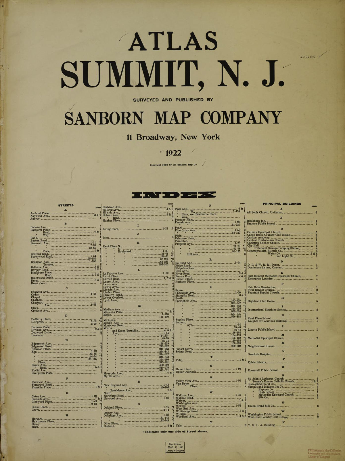 Sanborn Fire Insurance Map from Summit, Union County, New Jersey (1922), Sheet #0001 - Historic Sanborn Fire Insurance Map Print, vintage old map wall art, antique decor, genealogy gift, New Jersey New Jersey map