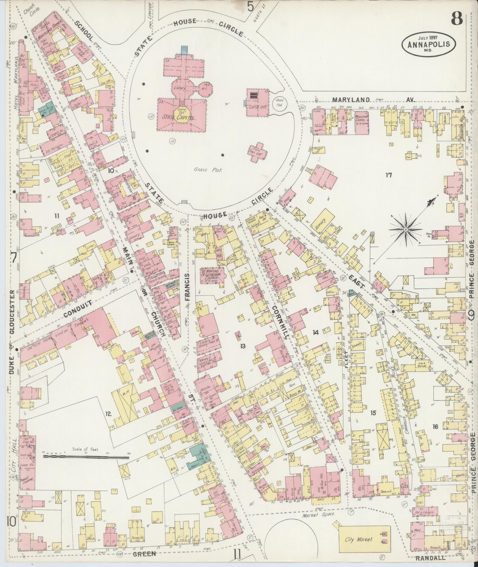 Sanborn Fire Insurance Map from Annapolis, Anne Arundel County, Maryland (1897), Sheet #0008 - Historic Sanborn Fire Insurance Map Print, vintage old map wall art, antique decor, genealogy gift, Maryland Maryland map