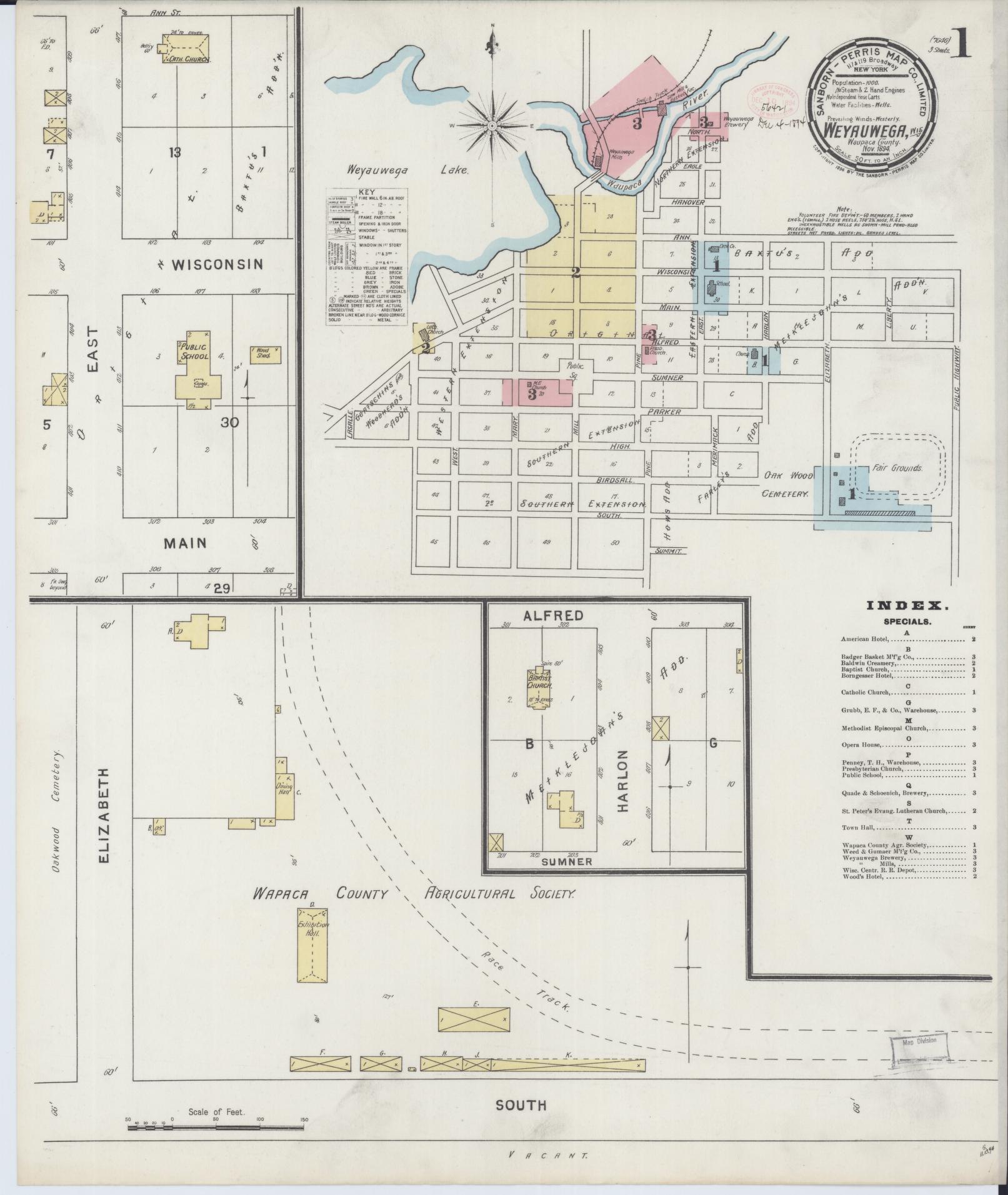 Sanborn Fire Insurance Map from Weyauwega, Waupaca County, Wisconsin (1894), Sheet #0001 - Historic Sanborn Fire Insurance Map Print, vintage old map wall art, antique decor, genealogy gift, Wisconsin Wisconsin map