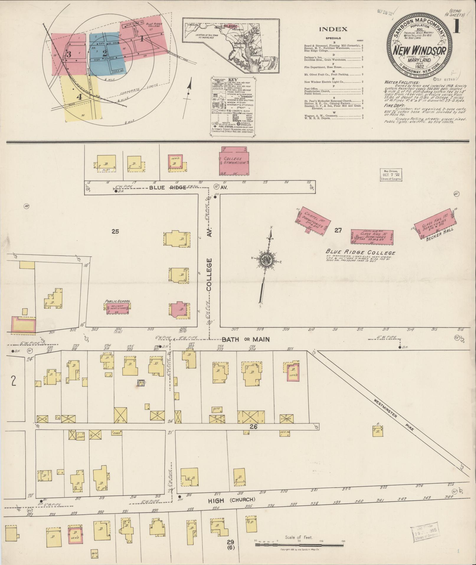 Sanborn Fire Insurance Map from New Windsor, Carroll County, Maryland (1922), Sheet #0001 - Historic Sanborn Fire Insurance Map Print, vintage old map wall art, antique decor, genealogy gift, Maryland Maryland map