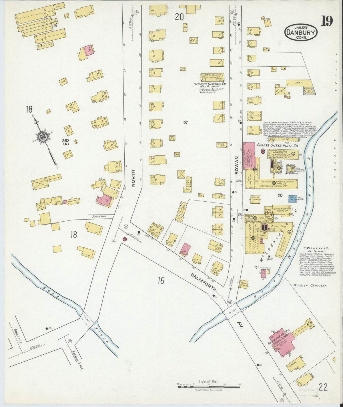 Sanborn Fire Insurance Map from Danbury, Fairfield County, Connecticut (1919), Sheet #0019 - Historic Sanborn Fire Insurance Map Print, vintage old map wall art, antique decor, genealogy gift, Connecticut Connecticut map