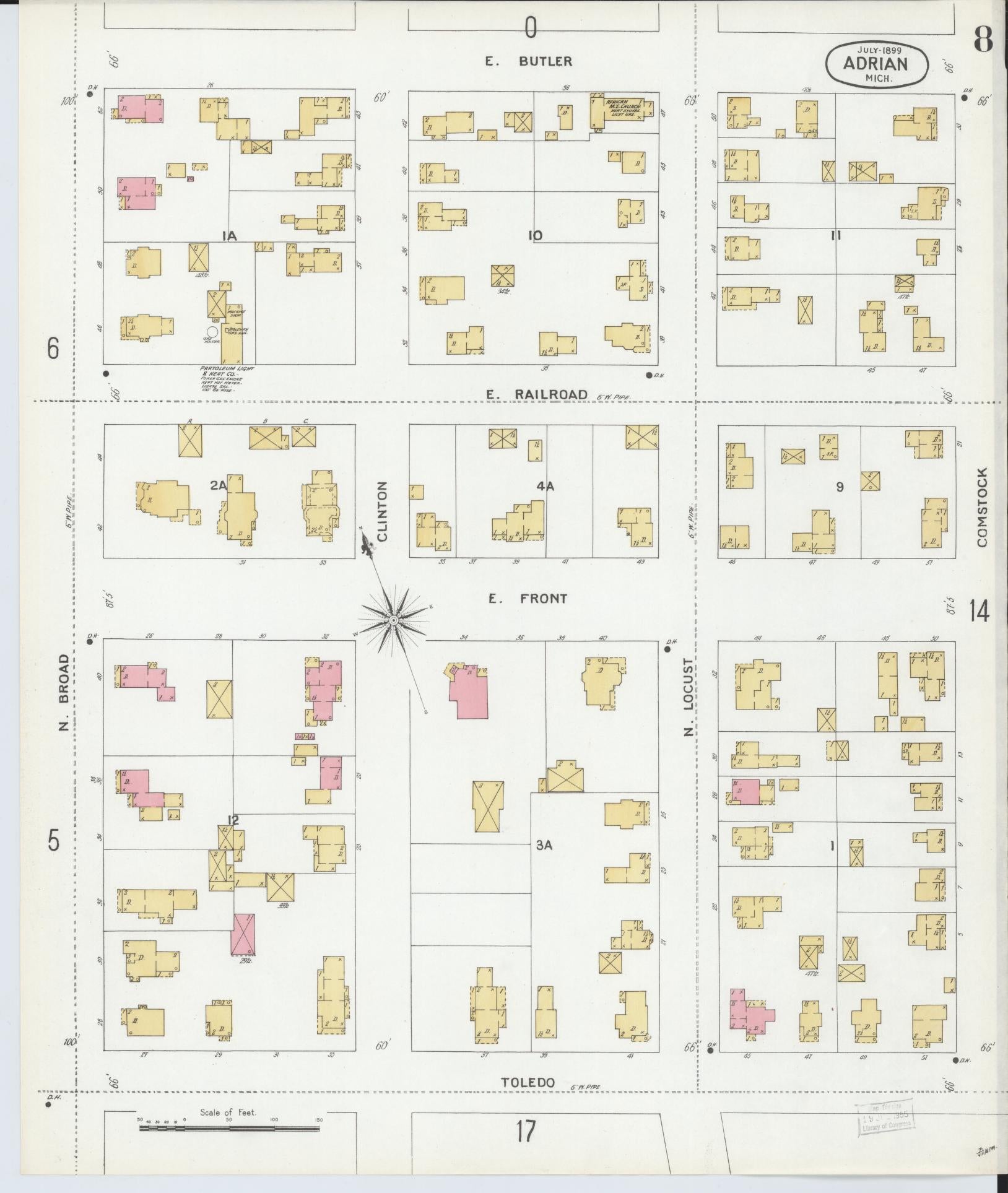 Sanborn Fire Insurance Map from Adrian, Lenawee County, Michigan (1899), Sheet #0008 - Historic Sanborn Fire Insurance Map Print, vintage old map wall art, antique decor, genealogy gift, Michigan Michigan map