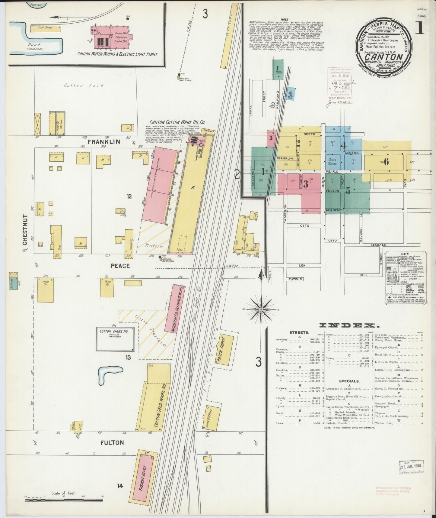 Sanborn Fire Insurance Map from Canton, Madison County, Mississippi (1900), Sheet #0001 - Historic Sanborn Fire Insurance Map Print, vintage old map wall art, antique decor, genealogy gift, Mississippi Mississippi map