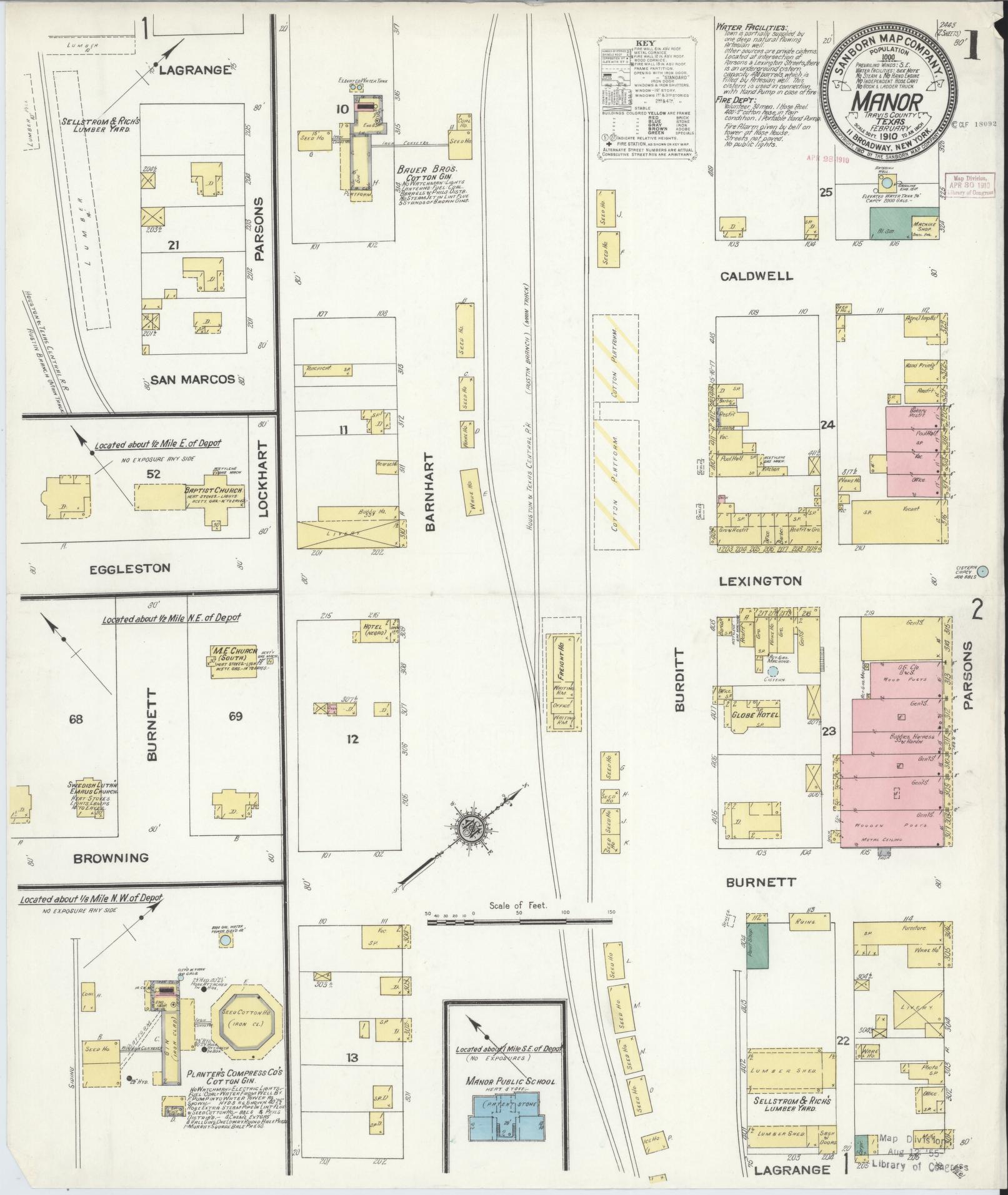 Sanborn Fire Insurance Map from Manor, Travis County, Texas (1910), Sheet #0001 - Historic Sanborn Fire Insurance Map Print, vintage old map wall art, antique decor, genealogy gift, Texas Texas map