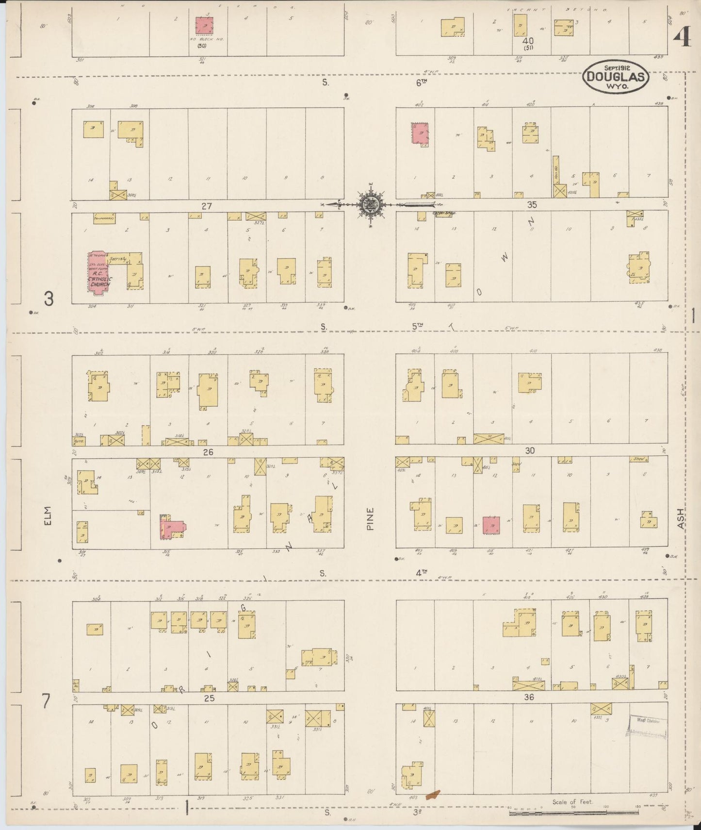 Sanborn Fire Insurance Map from Douglas, Converse County, Wyoming (1912), Sheet #0004 - Historic Sanborn Fire Insurance Map Print, vintage old map wall art, antique decor, genealogy gift, Wyoming Wyoming map