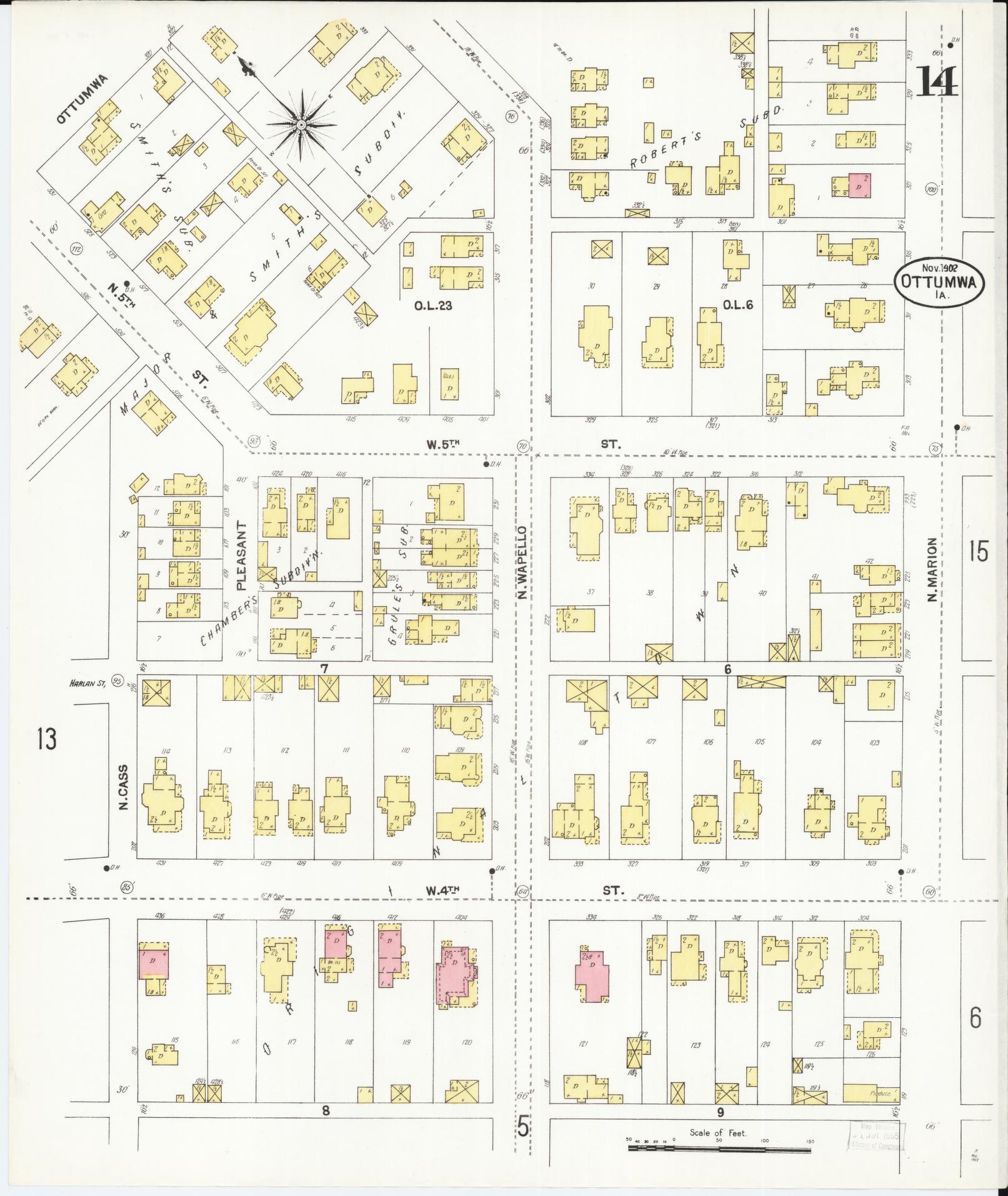 Sanborn Fire Insurance Map from Ottumwa, Wapello County, Iowa (1902), Sheet #0014 - Historic Sanborn Fire Insurance Map Print, vintage old map wall art