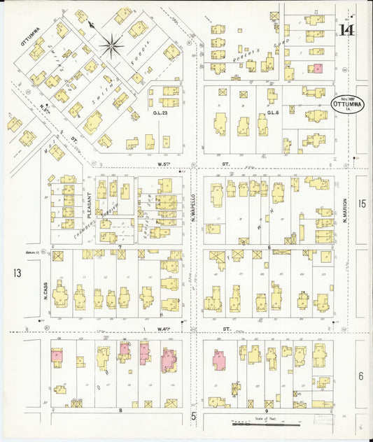 Sanborn Fire Insurance Map from Ottumwa, Wapello County, Iowa (1902), Sheet #0014 - Historic Sanborn Fire Insurance Map Print, vintage old map wall art