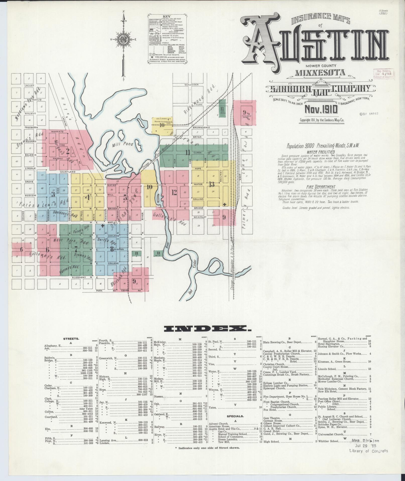 Sanborn Fire Insurance Map from Austin, Mower County, Minnesota (1910), Sheet #0001 - Historic Sanborn Fire Insurance Map Print, vintage old map wall art, antique decor, genealogy gift, Minnesota Minnesota map