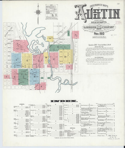 Sanborn Fire Insurance Map from Austin, Mower County, Minnesota (1910), Sheet #0001 - Historic Sanborn Fire Insurance Map Print, vintage old map wall art, antique decor, genealogy gift, Minnesota Minnesota map
