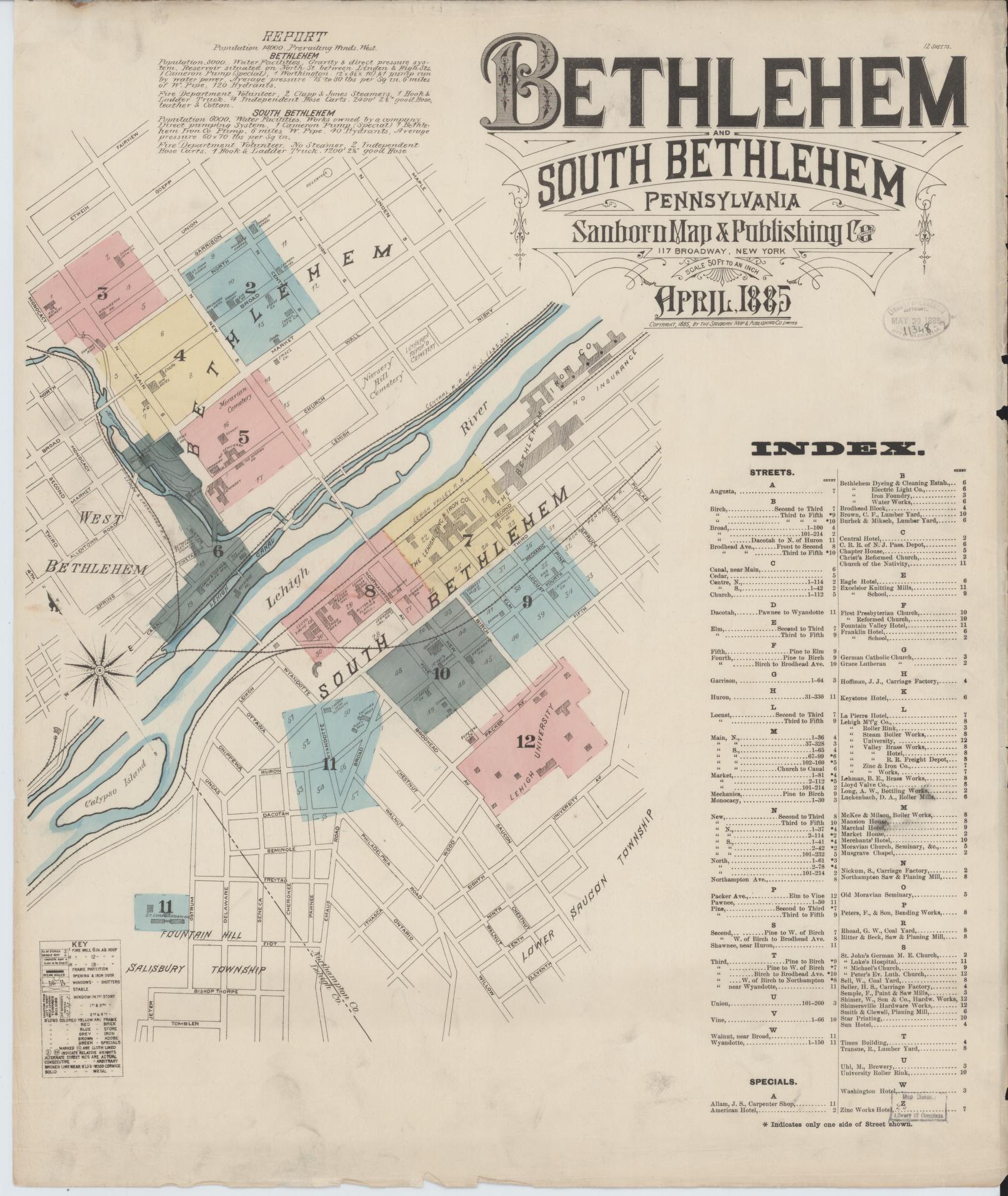 Sanborn Fire Insurance Map from Bethlehem, Northampton And Lehigh Counties, Pennsylvania (1885), Sheet #0001 - Historic Sanborn Fire Insurance Map Print, vintage old map wall art, antique decor, genealogy gift, Pennsylvania Pennsylvania map
