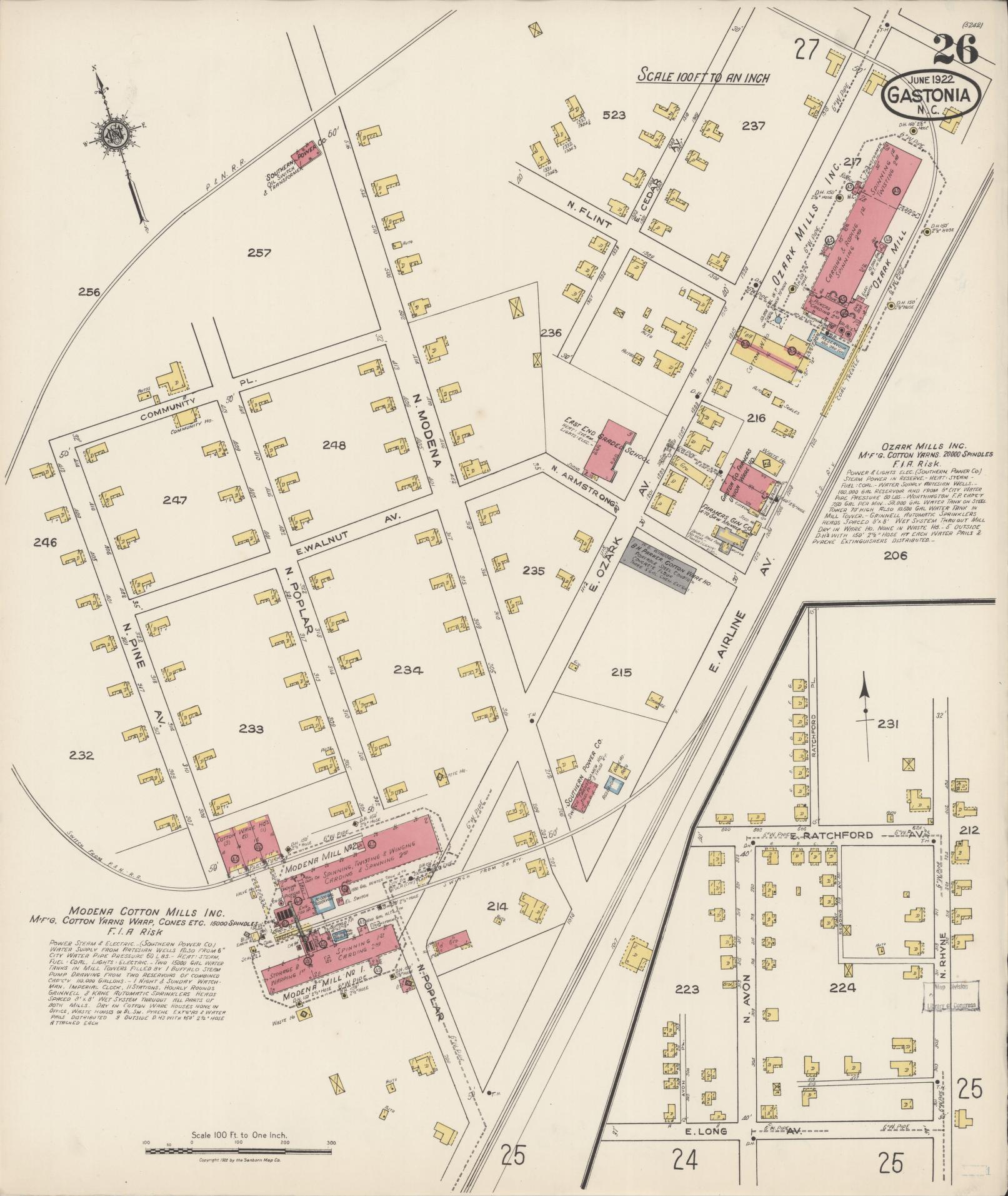 Sanborn Fire Insurance Map from Gastonia, Gaston County, North Carolina (1922), Sheet #0026 - Historic Sanborn Fire Insurance Map Print, vintage old map wall art, antique decor, genealogy gift, North Carolina North Carolina map