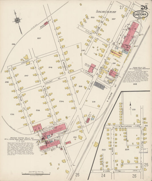 Sanborn Fire Insurance Map from Gastonia, Gaston County, North Carolina (1922), Sheet #0026 - Historic Sanborn Fire Insurance Map Print, vintage old map wall art, antique decor, genealogy gift, North Carolina North Carolina map