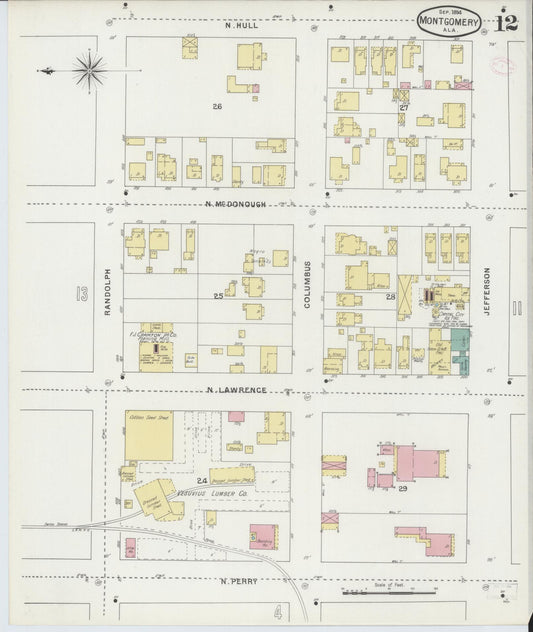 Sanborn Fire Insurance Map from Montgomery, Montgomery County, Alabama (1894), Sheet #0012 - Historic Sanborn Fire Insurance Map Print, vintage old map wall art, antique decor, genealogy gift, Alabama Alabama map