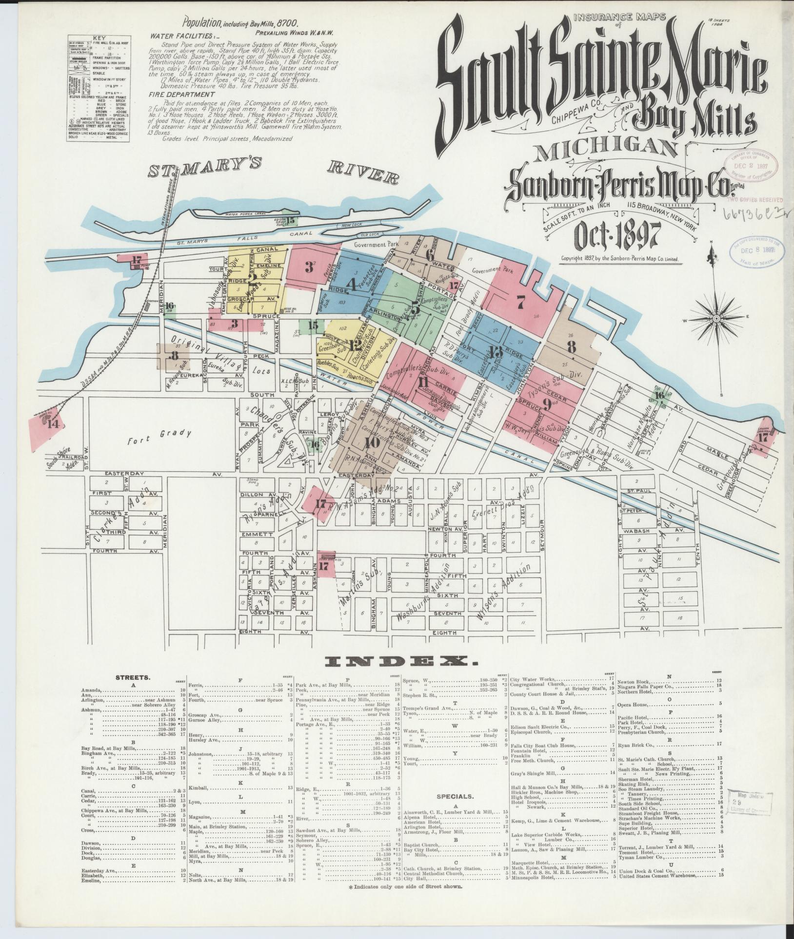 Sanborn Fire Insurance Map from Sault Sainte Marie, Chippewa County, Michigan (1897), Sheet #0001 - Complete Map Set gallery image, historic Sanborn map, vintage wall art, Michigan Michigan