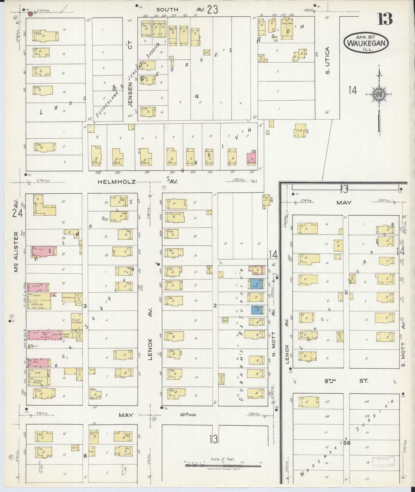 Sanborn Fire Insurance Map from Waukegan, Lake County, Illinois. (1917), Sheet 13 – Historic Sanborn Fire Insurance Map Print