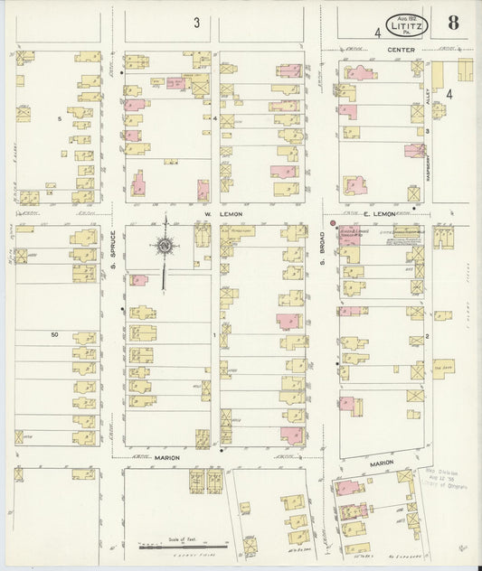 Sanborn Fire Insurance Map from Lititz, Lancaster County, Pennsylvania (1912), Sheet #0008 - Historic Sanborn Fire Insurance Map Print, vintage old map wall art, antique decor, genealogy gift, Pennsylvania Pennsylvania map