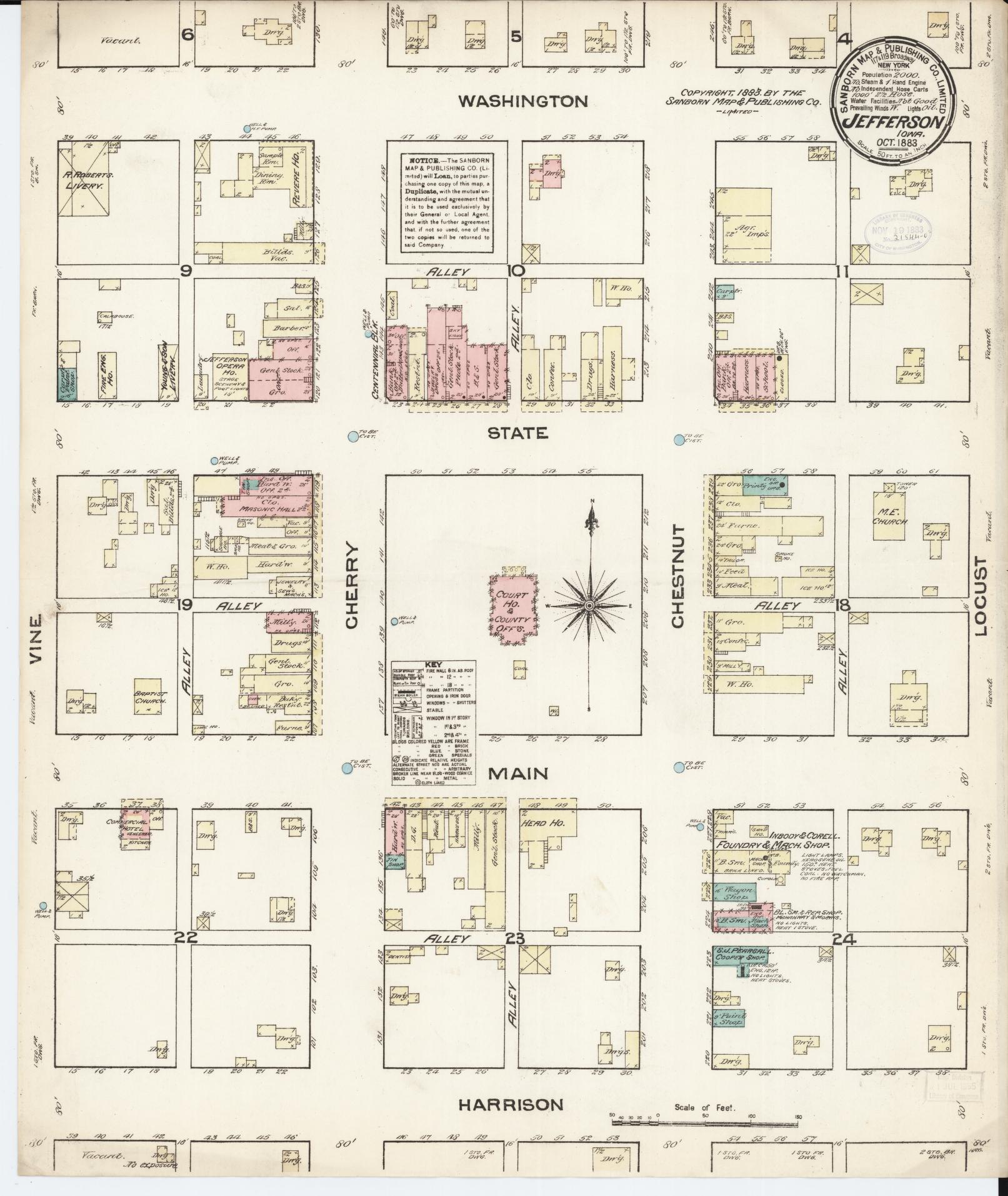 Sanborn Fire Insurance Map from Jefferson, Greene County, Iowa (1883), Sheet #0001 - Historic Sanborn Fire Insurance Map Print, vintage old map wall art