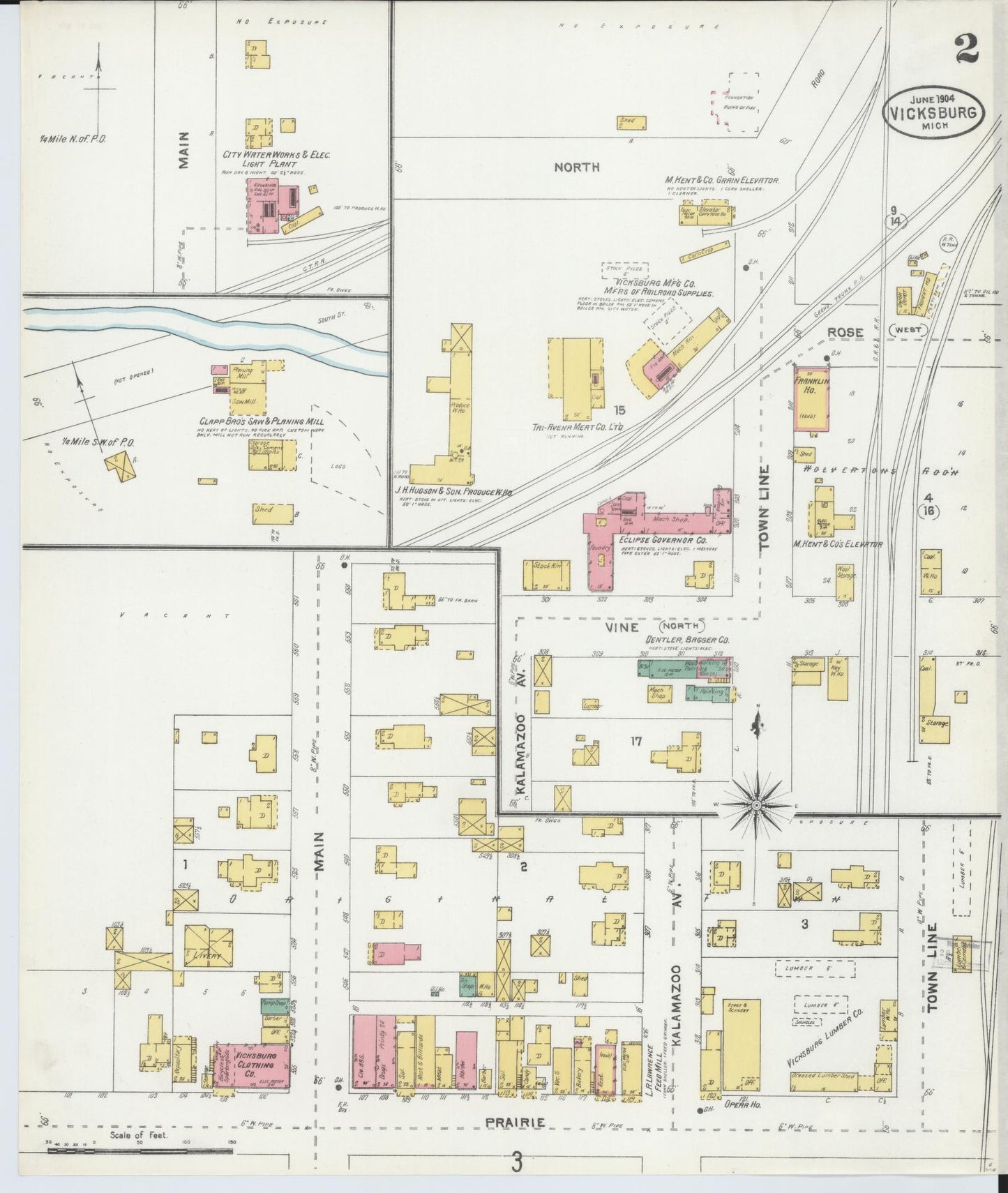 Sanborn Fire Insurance Map from Vicksburg, Kalamazoo County, Michigan (1904), Sheet #0002 - Historic Sanborn Fire Insurance Map Print, vintage old map wall art, antique decor, genealogy gift, Michigan Michigan map