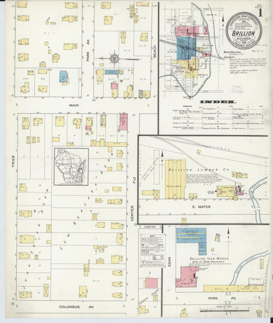 Sanborn Fire Insurance Map from Brillion, Calumet County, Wisconsin (1913), Sheet #0001 - Historic Sanborn Fire Insurance Map Print, vintage old map wall art, antique decor, genealogy gift, Wisconsin Wisconsin map