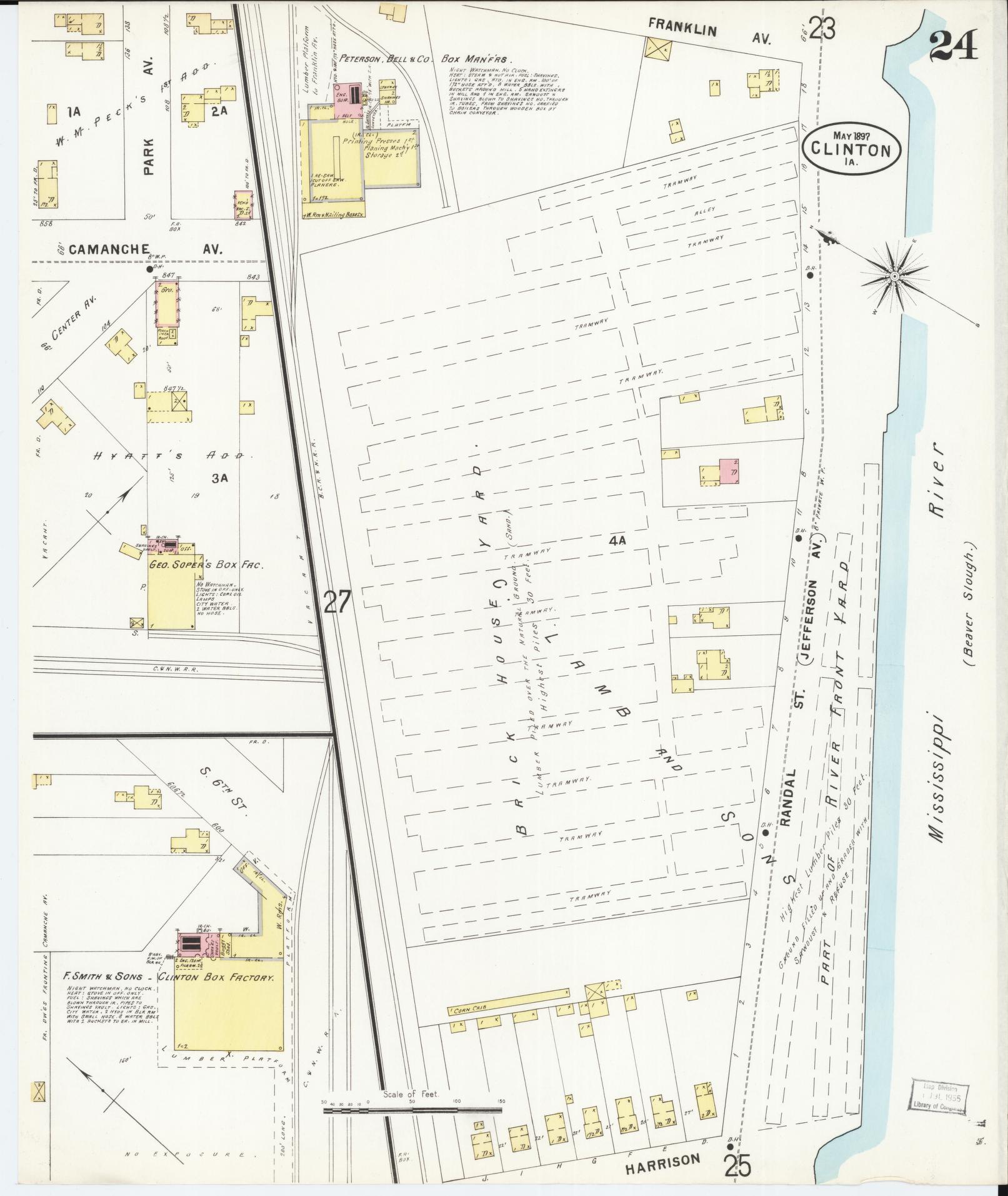 Sanborn Fire Insurance Map from Clinton, Clinton County, Iowa (1897), Sheet #0024 - Historic Sanborn Fire Insurance Map Print, vintage old map wall art