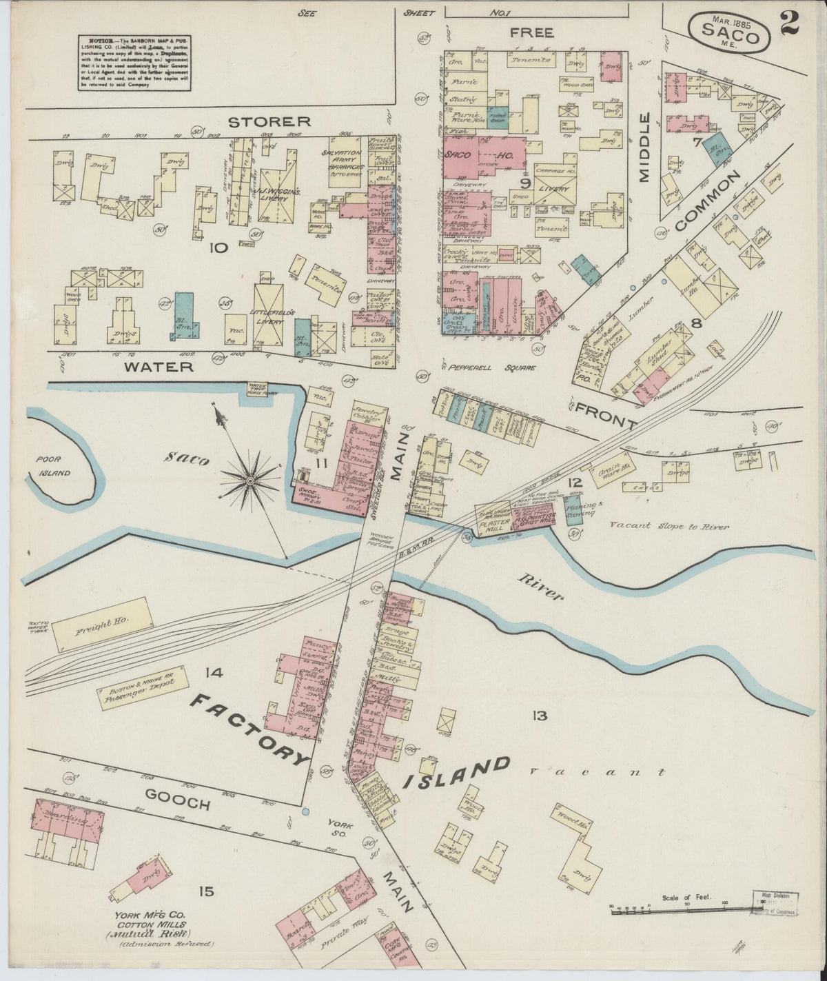 Sanborn Fire Insurance Map from Saco, York County, Maine (1885), Sheet #0002 - Complete Map Set gallery image, historic Sanborn map, vintage wall art, Maine Maine