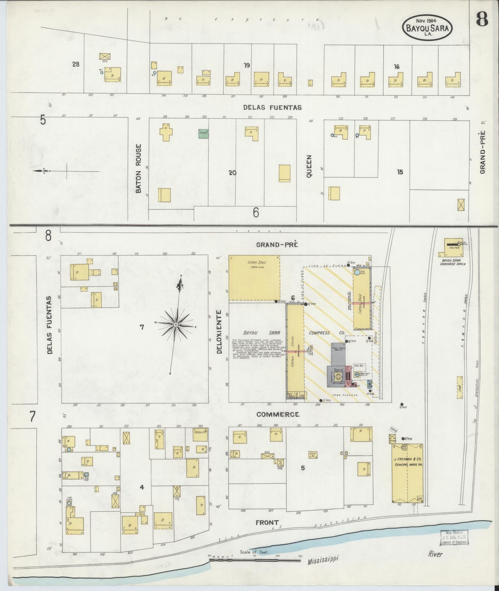 Sanborn Fire Insurance Map from Bayou Sara, West Feliciana Parish, Louisiana (1904), Sheet #0008 - Historic Sanborn Fire Insurance Map Print, vintage old map wall art, antique decor, genealogy gift, Louisiana Louisiana map