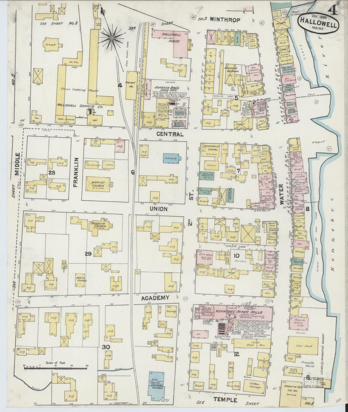 Sanborn Fire Insurance Map from Hallowell, Kennebec County, Maine (1889), Sheet #0004 - Complete Map Set gallery image, historic Sanborn map, vintage wall art, Maine Maine