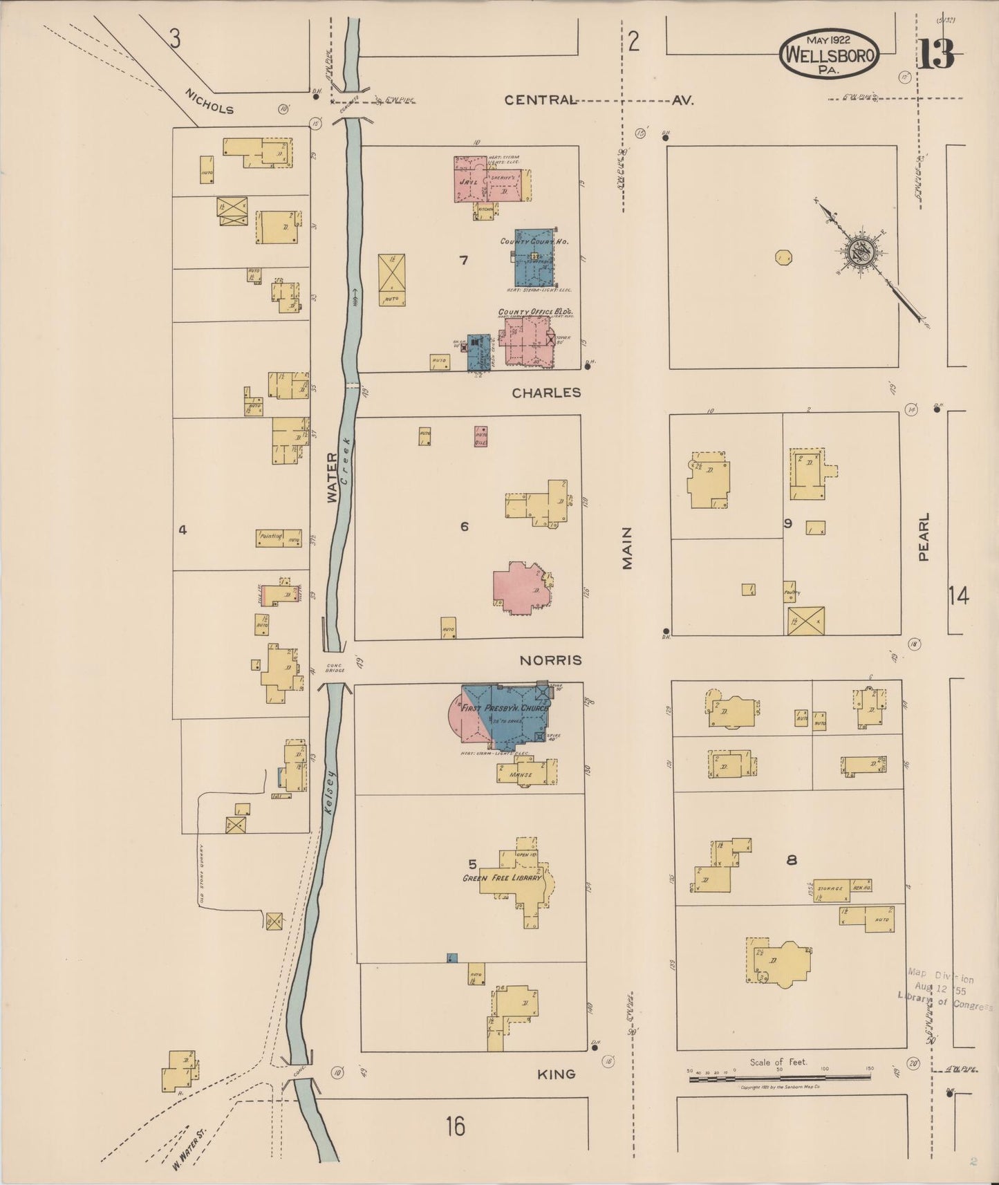 Sanborn Fire Insurance Map from Wellsboro, Tioga County, Pennsylvania (1922), Sheet #0013 - Complete Map Set gallery image, historic Sanborn map, vintage wall art, Pennsylvania Pennsylvania
