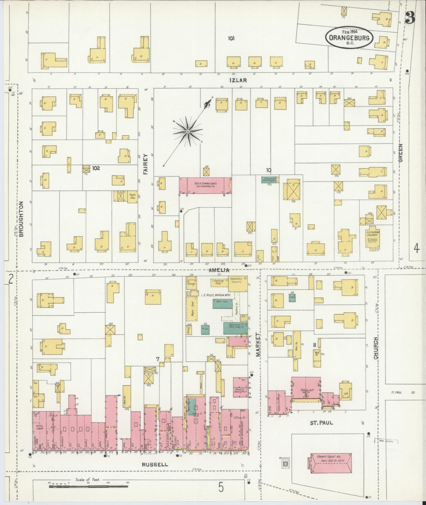 Sanborn Fire Insurance Map from Orangeburg, Orangeburg County, South Carolina (1904), Sheet #0003 - Complete Map Set gallery image, historic Sanborn map, vintage wall art, South Carolina South Carolina