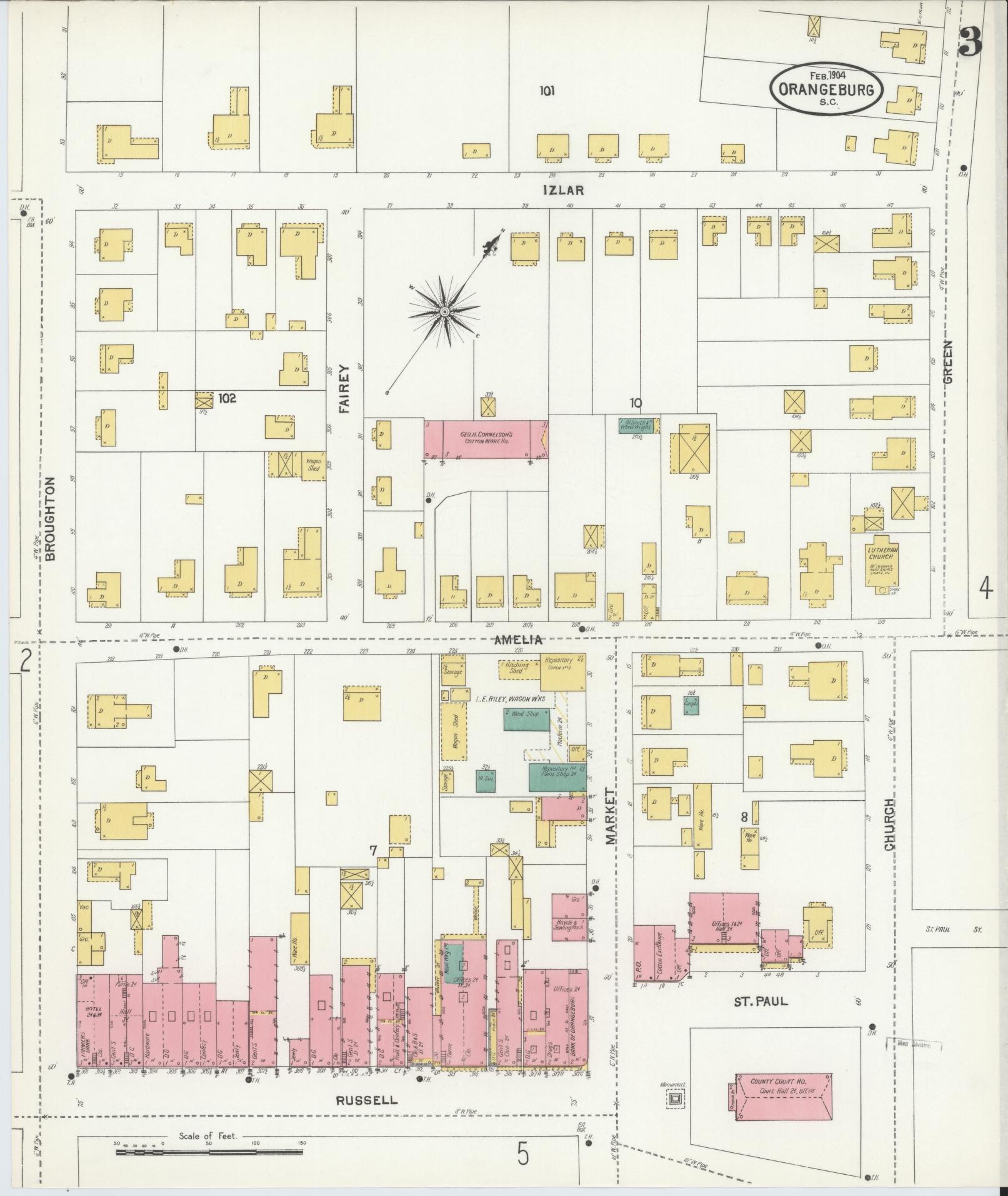 Sanborn Fire Insurance Map from Orangeburg, Orangeburg County, South Carolina (1904), Sheet #0003 - Complete Map Set gallery image, historic Sanborn map, vintage wall art, South Carolina South Carolina