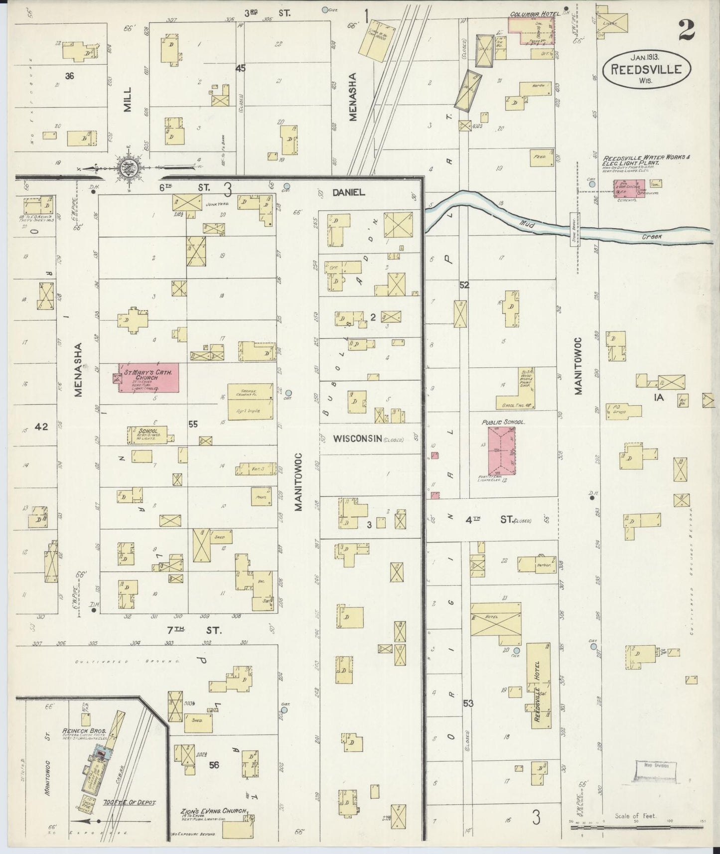 Sanborn Fire Insurance Map from Reedsville, Manitowoc County, Wisconsin (1913), Sheet #0002 - Complete Map Set gallery image, historic Sanborn map, vintage wall art, Wisconsin Wisconsin