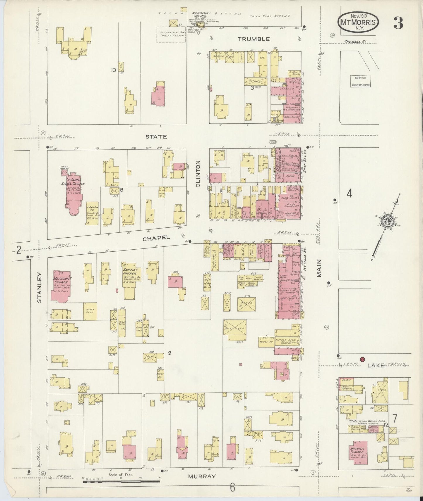 Sanborn Fire Insurance Map from Mount Morris, Livingston County, New York (1913), Sheet #0003 - Complete Map Set gallery image, historic Sanborn map, vintage wall art, New York New York