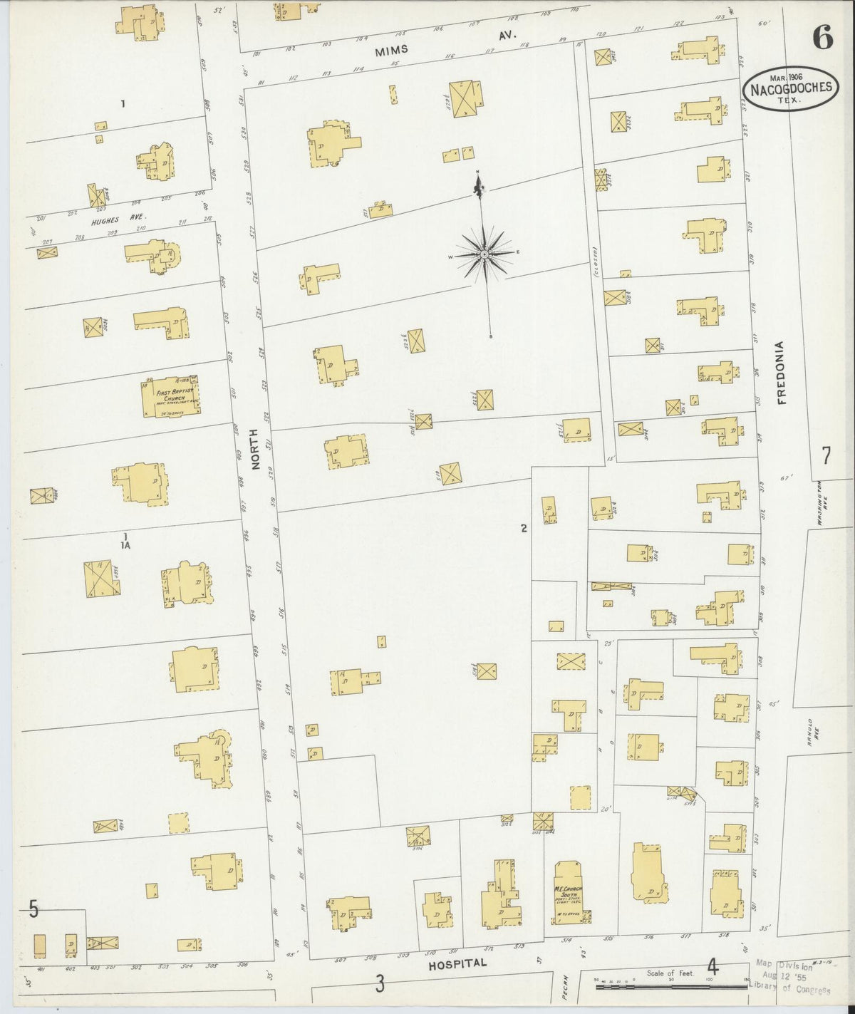 Sanborn Fire Insurance Map from Nacogdoches, Nacogdoches County, Texas (1906), Sheet #0006 - Complete Map Set gallery image, historic Sanborn map, vintage wall art, Texas Texas