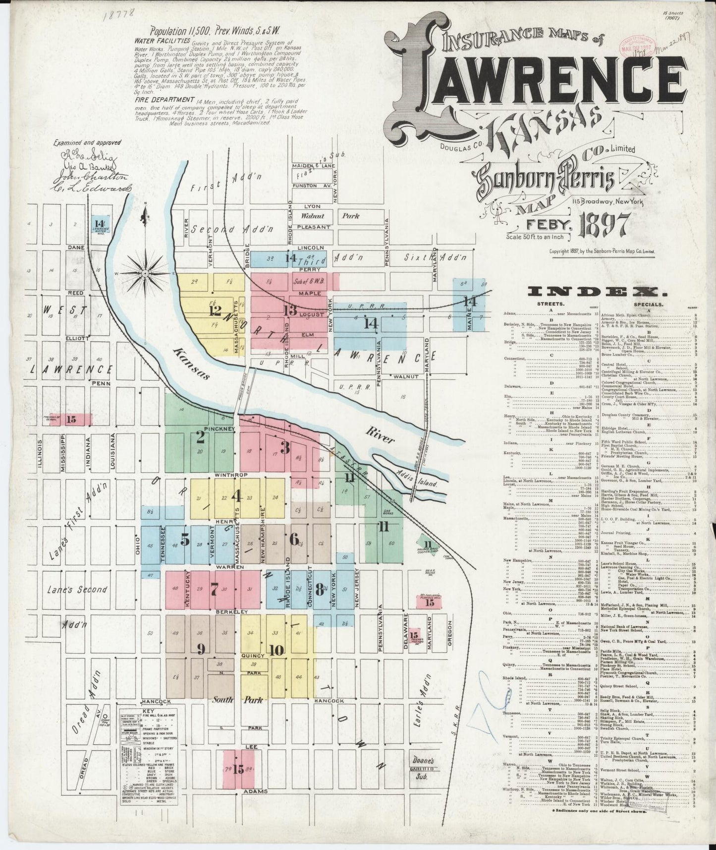 Sanborn Fire Insurance Map from Lawrence, Douglas County, Kansas (1897), Sheet #0001 - Complete Map Set gallery image, historic Sanborn map, vintage wall art, Kansas Kansas