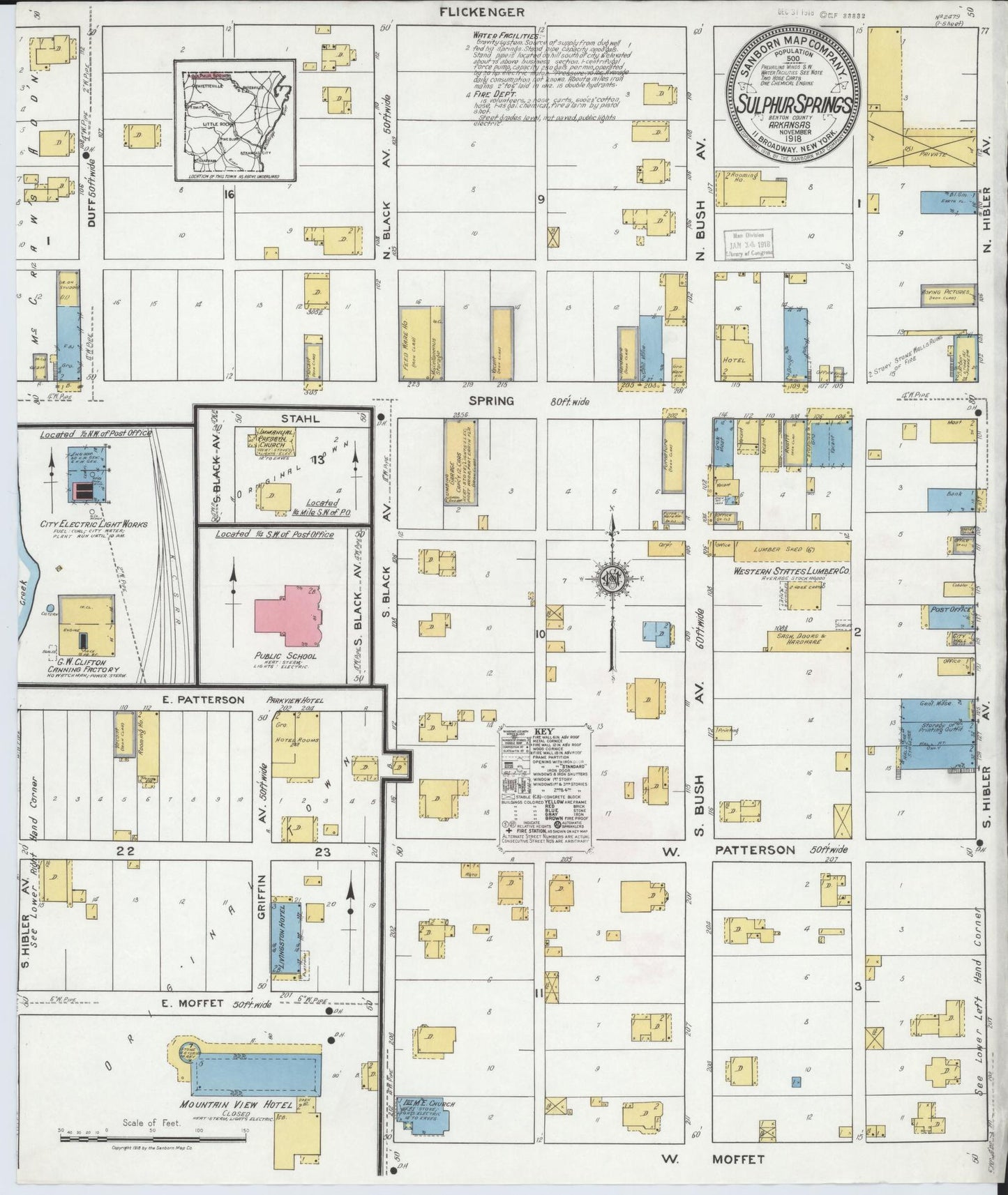 Sanborn Fire Insurance Map from Sulphur Springs, Benton County, Arkansas (1918), Sheet #0001 - Historic Sanborn Fire Insurance Map Print, vintage old map wall art, antique decor, genealogy gift, Arkansas Arkansas map