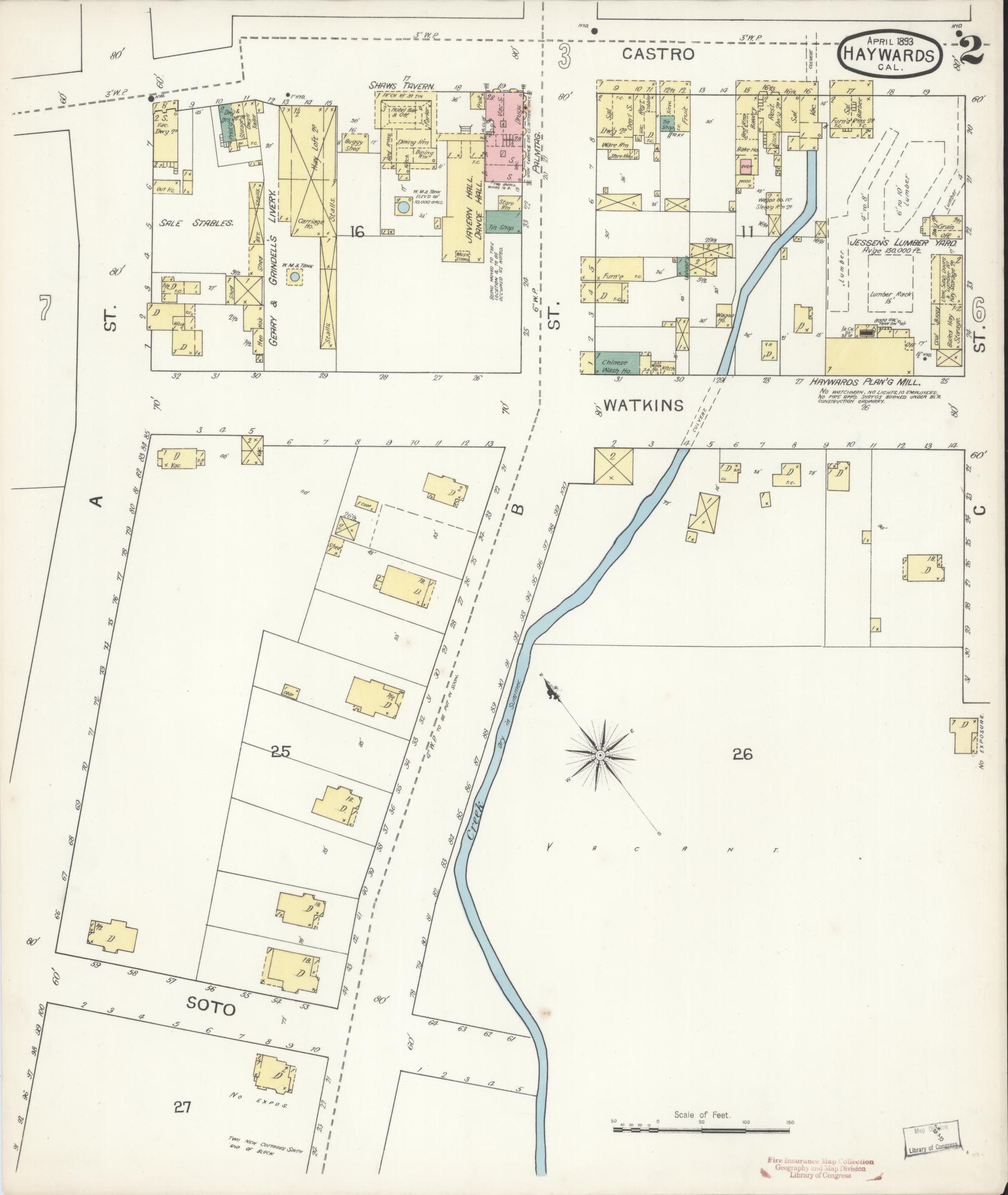 Sanborn Fire Insurance Map from Hayward, Alameda County, California (1893), Sheet #0002 - Complete Map Set gallery image, historic Sanborn map, vintage wall art, California California