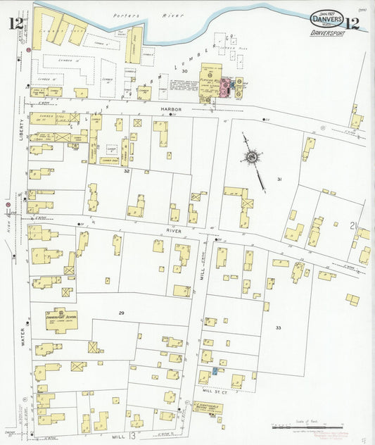 Sanborn Fire Insurance Map from Danvers, Essex County, Massachusetts (1927), Sheet #0012 - Historic Sanborn Fire Insurance Map Print, vintage old map wall art, antique decor, genealogy gift, Massachusetts Massachusetts map