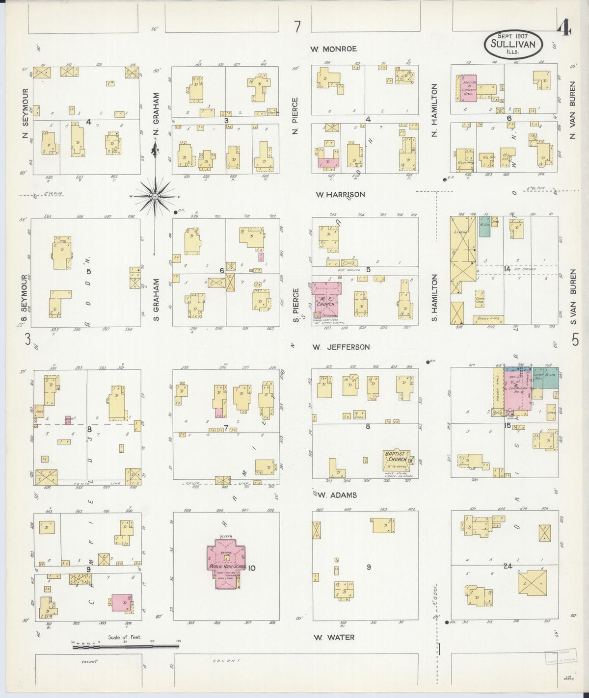 Sanborn Fire Insurance Map from Sullivan, Moultrie County, Illinois (1907), Sheet #0004 - Complete Map Set gallery image, historic Sanborn map, vintage wall art, Illinois Illinois