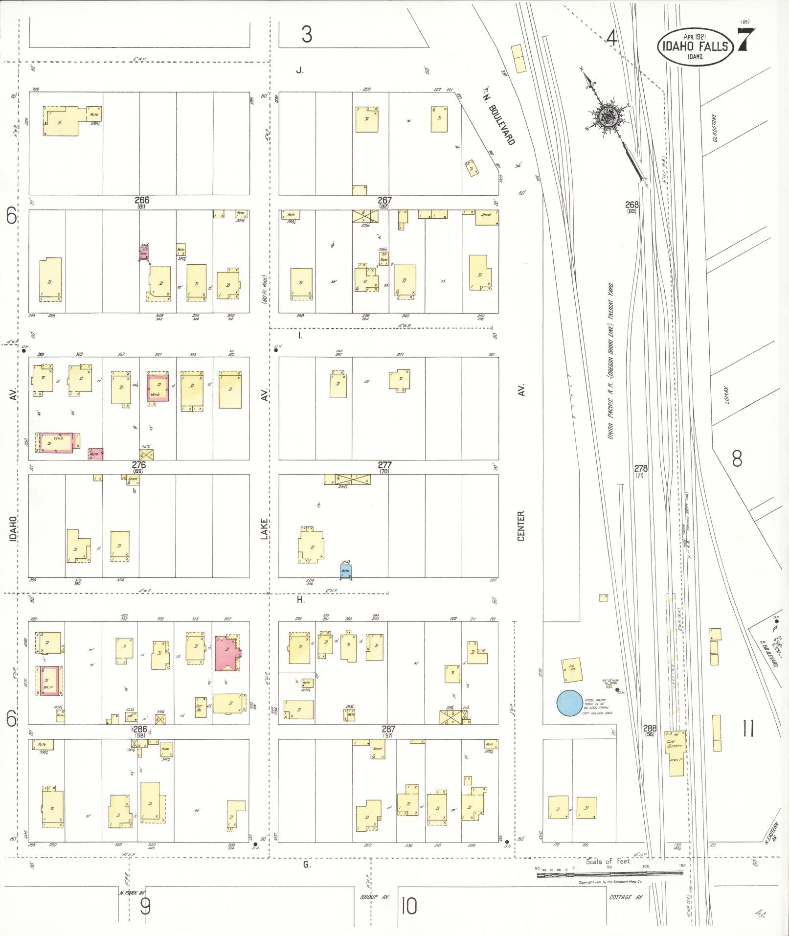 Sanborn Fire Insurance Map from Idaho Falls, Bonneville County, Idaho (1921), Sheet #0007 - Complete Map Set gallery image, historic Sanborn map, vintage wall art, Idaho Idaho