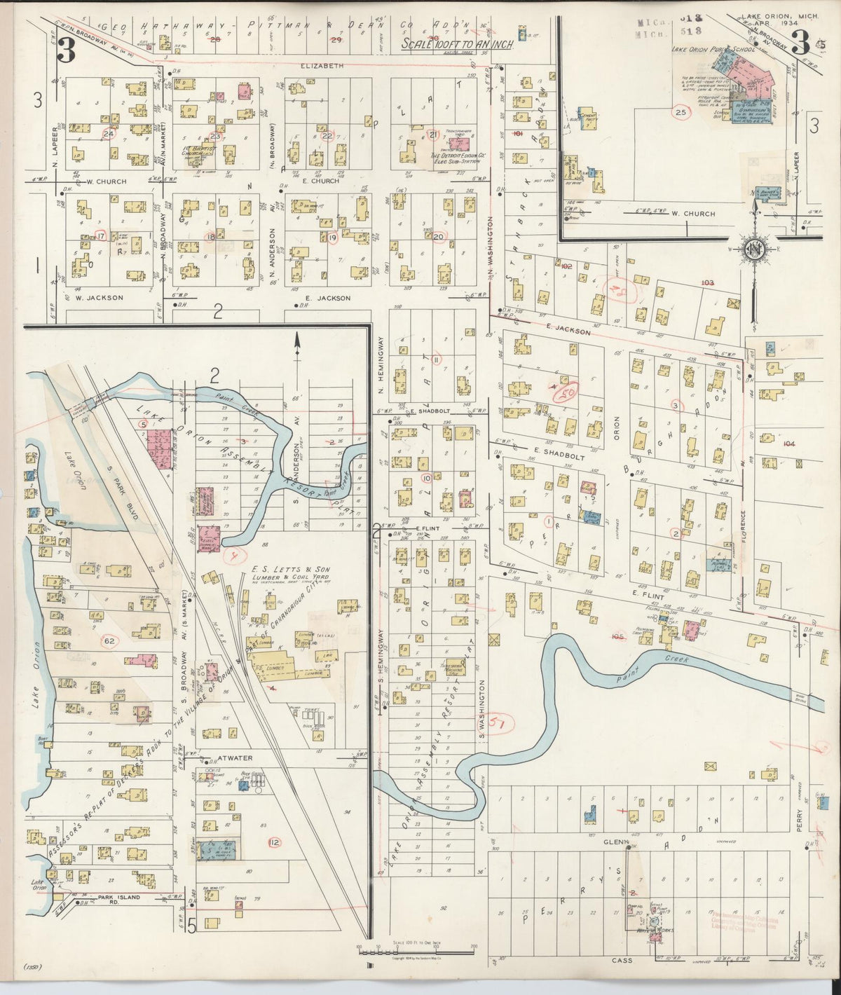 Sanborn Fire Insurance Map from Lake Orion, Oakland County, Michigan (1943), Sheet #0003 - Historic Sanborn Fire Insurance Map Print, vintage old map wall art, antique decor, genealogy gift, Michigan Michigan map