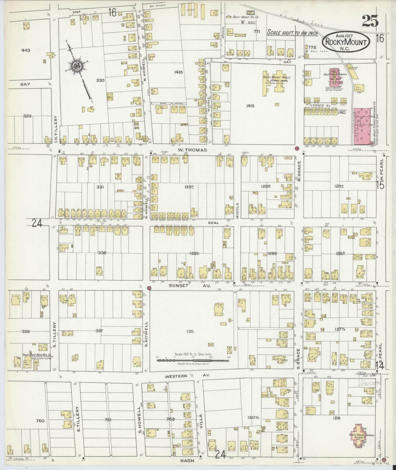 Sanborn Fire Insurance Map from Rocky Mount, Edgecombe And Nash Counties, North Carolina (1917), Sheet #0025 - Historic Sanborn Fire Insurance Map Print, vintage old map wall art, antique decor, genealogy gift, North Carolina North Carolina map