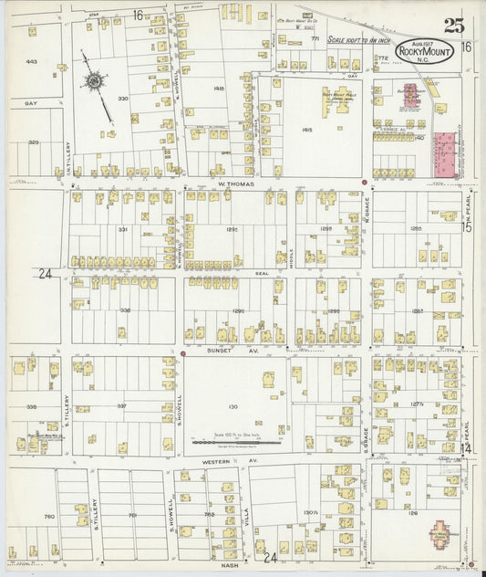 Sanborn Fire Insurance Map from Rocky Mount, Edgecombe And Nash Counties, North Carolina (1917), Sheet #0025 - Historic Sanborn Fire Insurance Map Print, vintage old map wall art, antique decor, genealogy gift, North Carolina North Carolina map